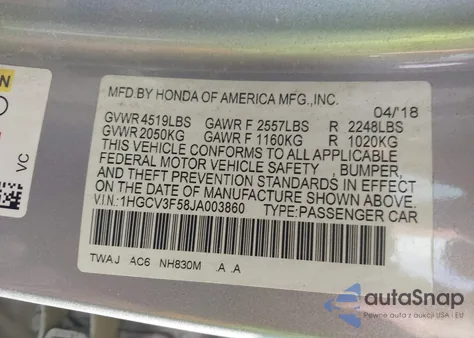 2018 Honda Accord Hybrid Ex-L from USA, damaged, VIN 1HGCV3F58JA003860
